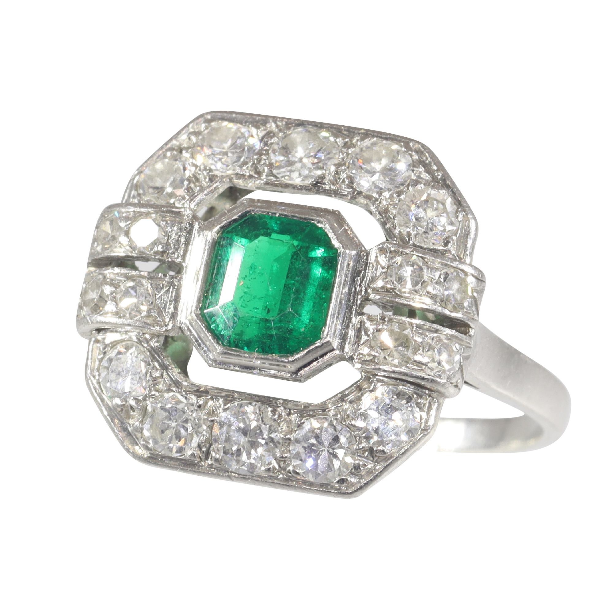 French estate engagement ring platinum diamonds and Brasilian emerald